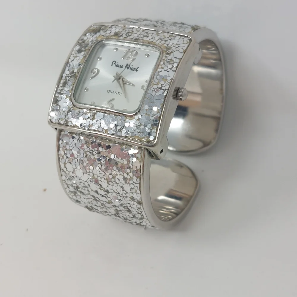 Pierre Nicol Silver Sequin Sparkly Watch Cuff Bracelet Square Face Glam Bling